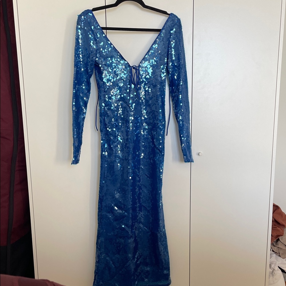 NWT Elegant Blue Sequin Bardot Dress